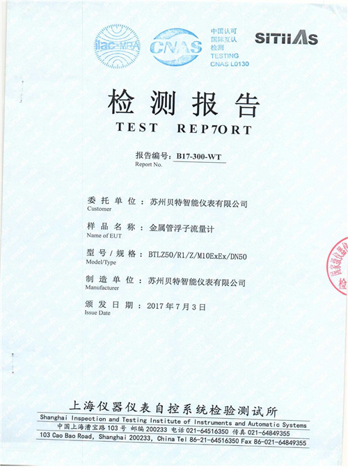 金屬管浮子流量計(jì)檢測報(bào)告(1)